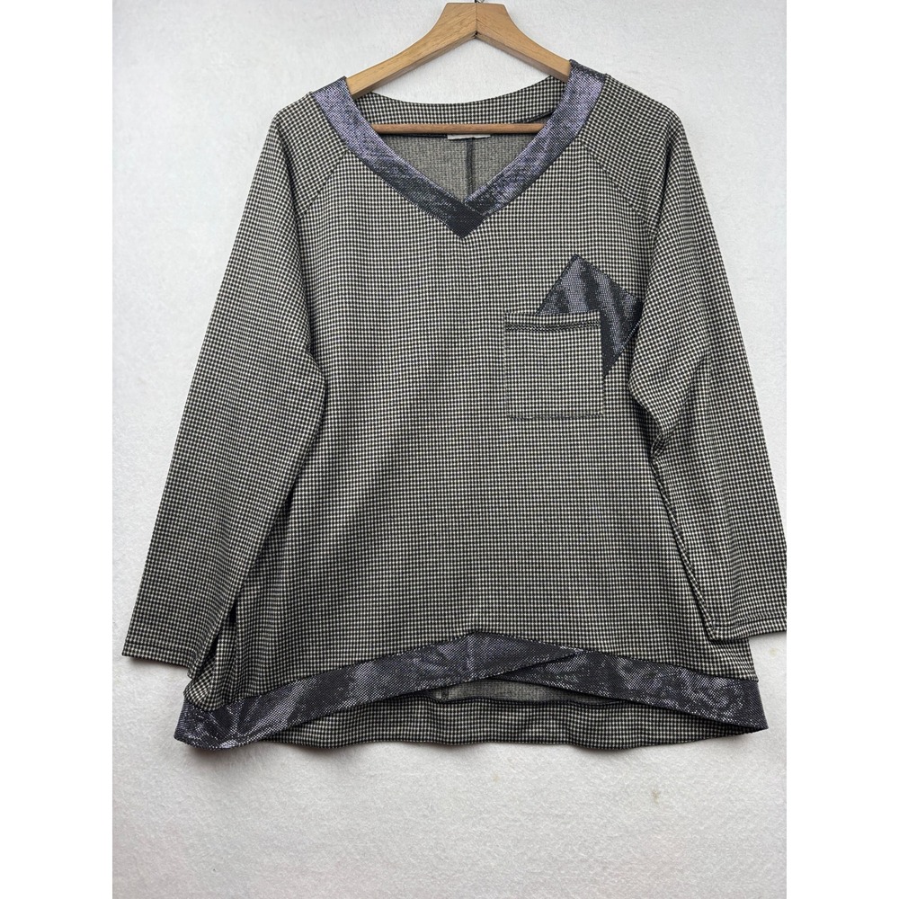 Umberto Conforti Houndstooth Top Women's 46 XL Metallic Trim V-Neck Preppy